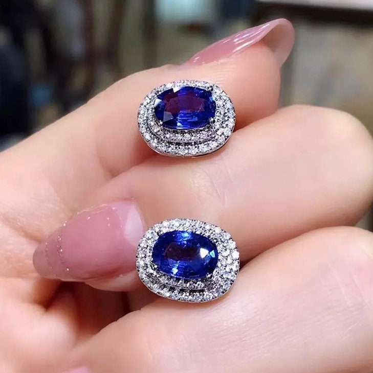 Womens Earrings | Blue Diamond Earrings | Diamond Earrings | Diamond Ear Studs | Halo Earrings | Womens Round Diamond Earrings | Ear Studs