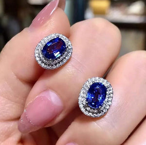 Womens Earrings | Blue Diamond Earrings | Diamond Earrings | Diamond Ear Studs | Halo Earrings | Womens Round Diamond Earrings | Ear Studs