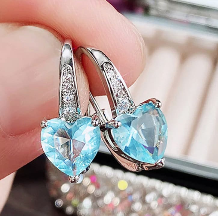 Blue Diamond Earrings | Heart Earrings | Womens Earrings | Heart Earrings with Diamonds | Dangle Earrings | Diamond Heart Shape Earrings