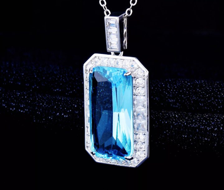 Womens Necklace | Blue Emerald Necklace | Aquamarine Diamond Necklace | Blue Diamond Pendant | Emerald Diamond Pendant | Emerald Pendant