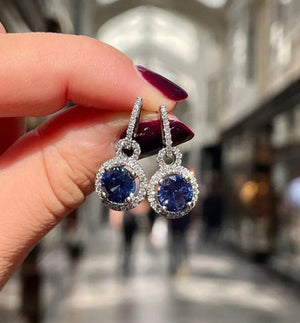 Round Diamond Earrings | Blue Diamond Earrings | Sapphire Earrings | Womens Earrings | Sapphire Blue Earrings | Womens Diamond Earrings