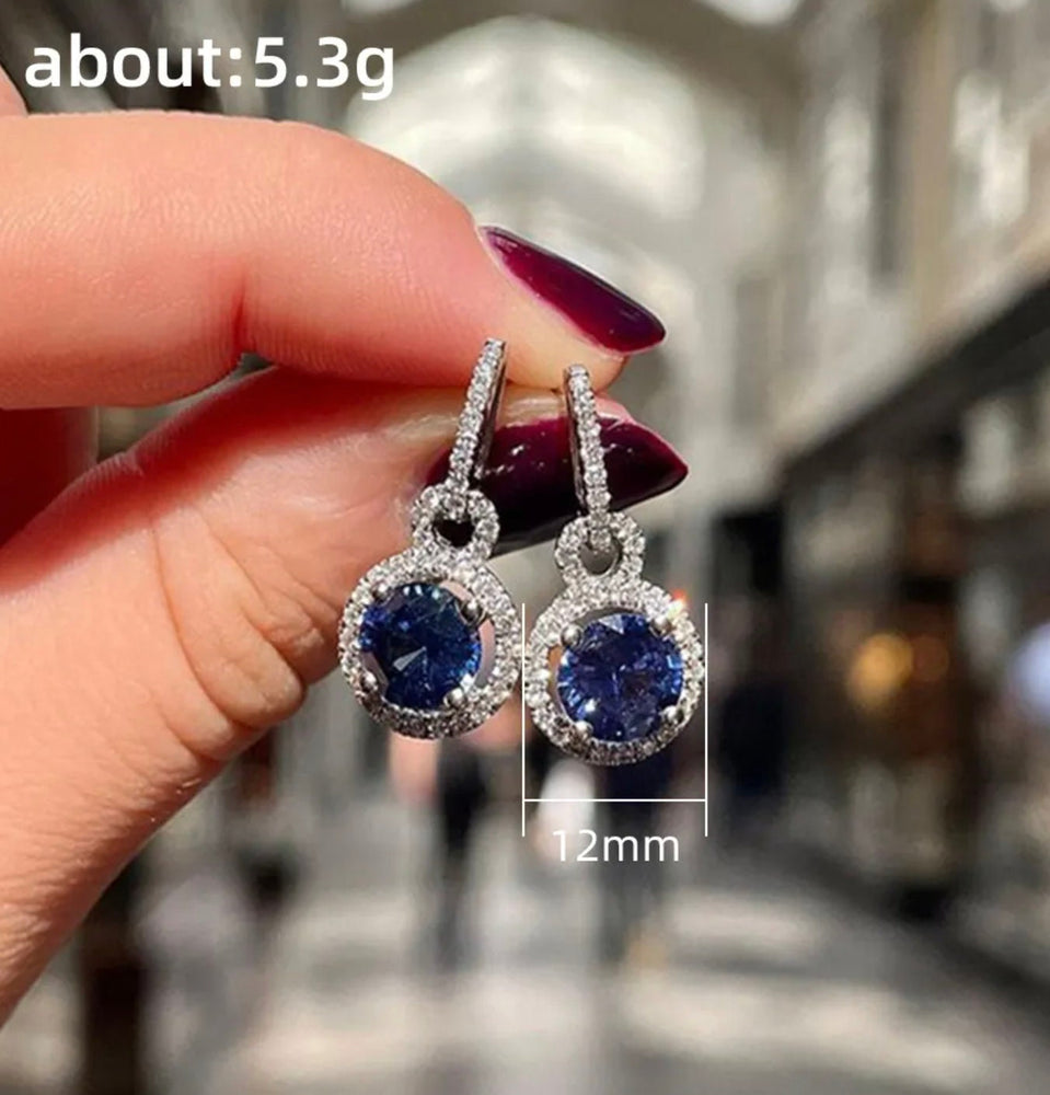 Round Diamond Earrings | Blue Diamond Earrings | Sapphire Earrings | Womens Earrings | Sapphire Blue Earrings | Womens Diamond Earrings