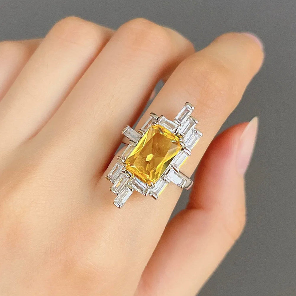 Womens Big Diamond Ring | Emerald Ring | Yellow Diamond Ring | Yellow Diamond Engagement Rings | Baguette Ring | Womens Engagement Ring