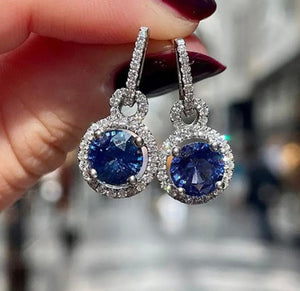 Round Diamond Earrings | Blue Diamond Earrings | Sapphire Earrings | Womens Earrings | Sapphire Blue Earrings | Womens Diamond Earrings