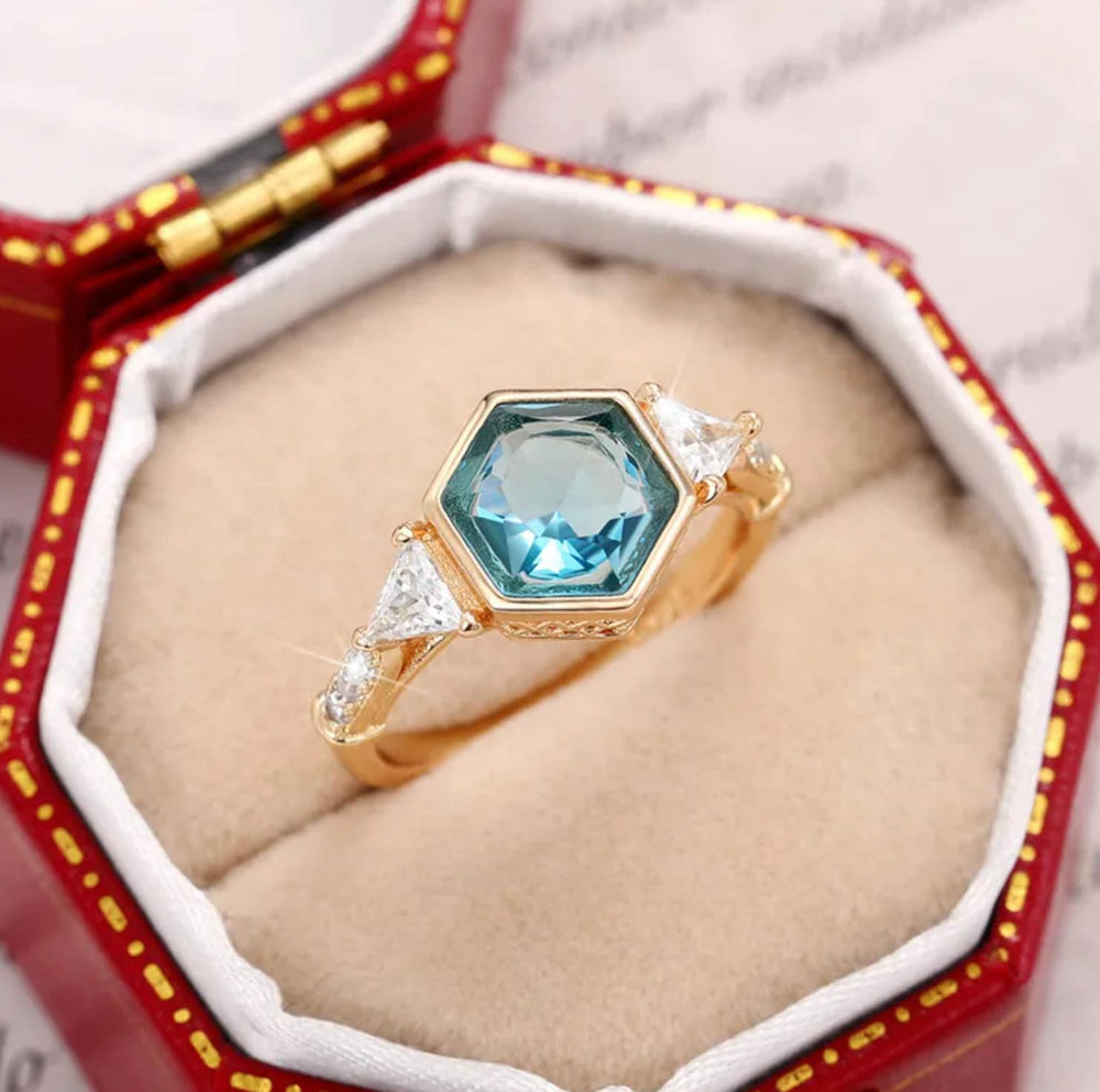 Womens Gold Ring | Gold Engagement Ring | Diamond Engagement Ring | Gold Ring | Blue Diamond Engagement Ring | Teal Blue Engagement Ring