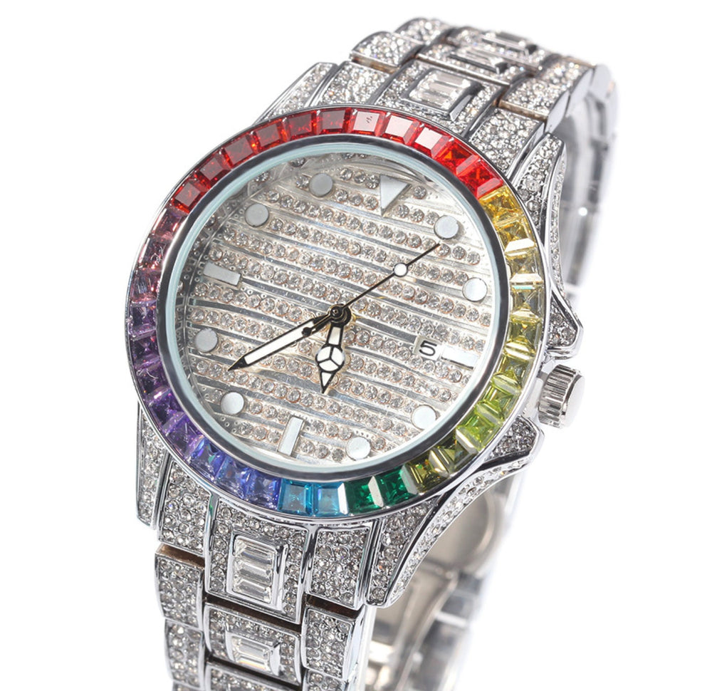 Iced Out Watch | Iced Watch | Mens Iced Out Watch | Hip Hop Watch | Baguette Watch | Diamond Watches | Rainbow Bezel Watch  | Rainbow Watch|