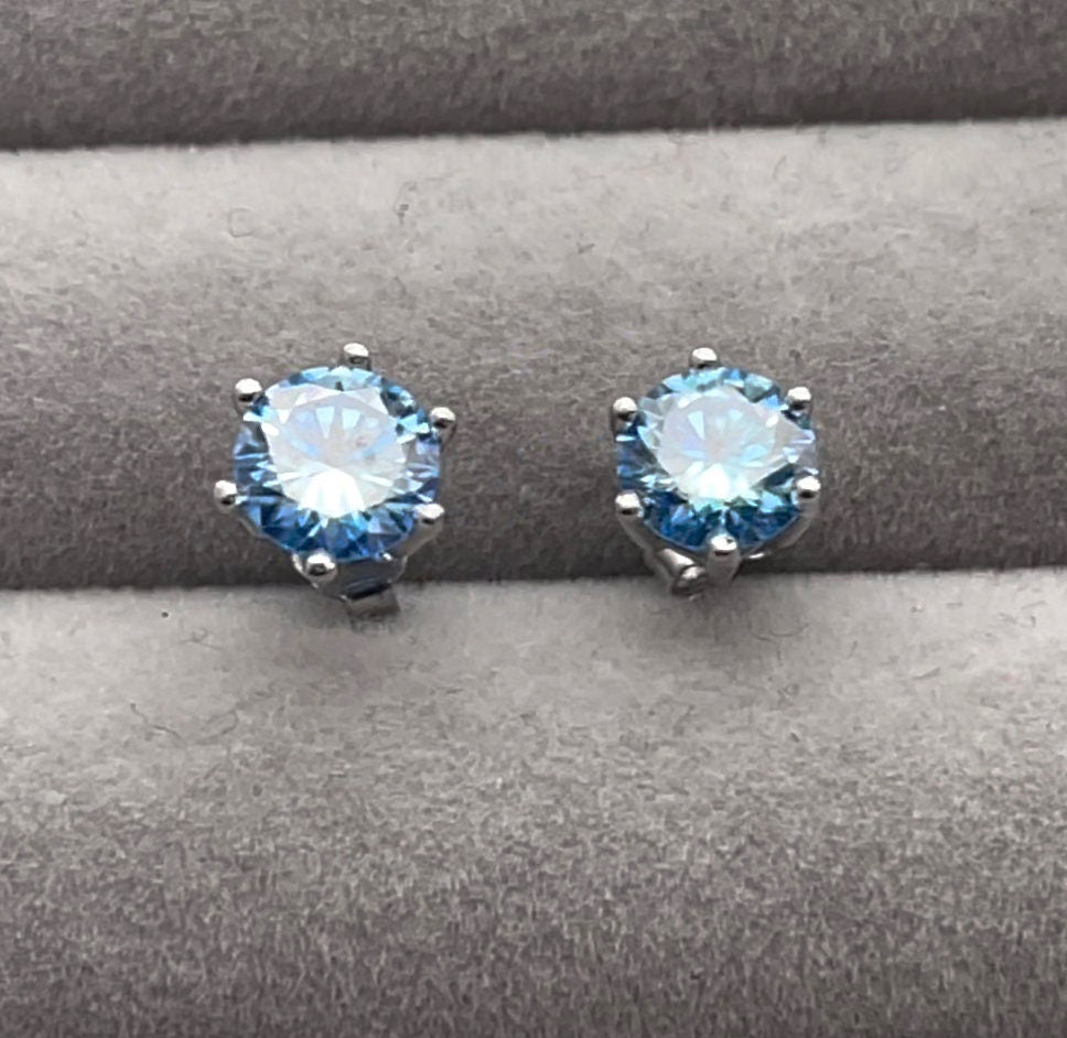 2 Carat Ear Studs | Moissanite Earring Studs | Aquamarine Ear Studs | Blue Diamond Earrings | Moissanite Earrings | Moissanite Ear Studs