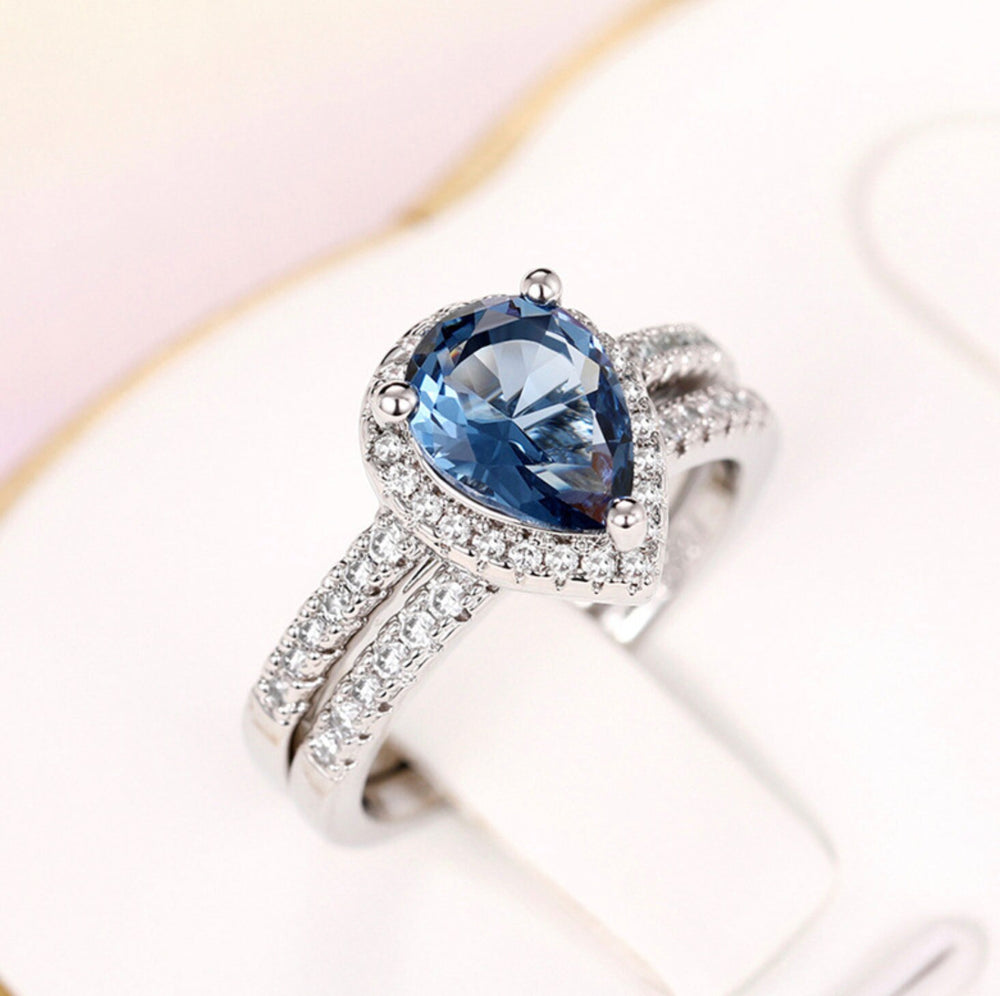 Blue Wedding Ring | Blue Diamond Wedding Ring Set | Teardrop Ring | Pear Cut Ring | Blue Diamond Ring | Blue Engagement Ring | Wedding Ring