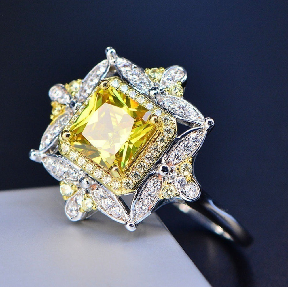 Yellow Diamond Ring | Yellow Diamond Engagement Rings | Princess Cut Diamond Ring | Baguette Ring | Womens Engagement Ring | Yellow Ring