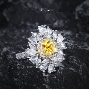 Yellow Diamond Ring | Flower Diamond Ring | Yellow Diamond Ring | Baguette Ring | Womens Statement Ring | Big Yellow Diamond Ring