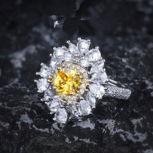 Yellow Diamond Ring | Flower Diamond Ring | Yellow Diamond Ring | Baguette Ring | Womens Statement Ring | Big Yellow Diamond Ring