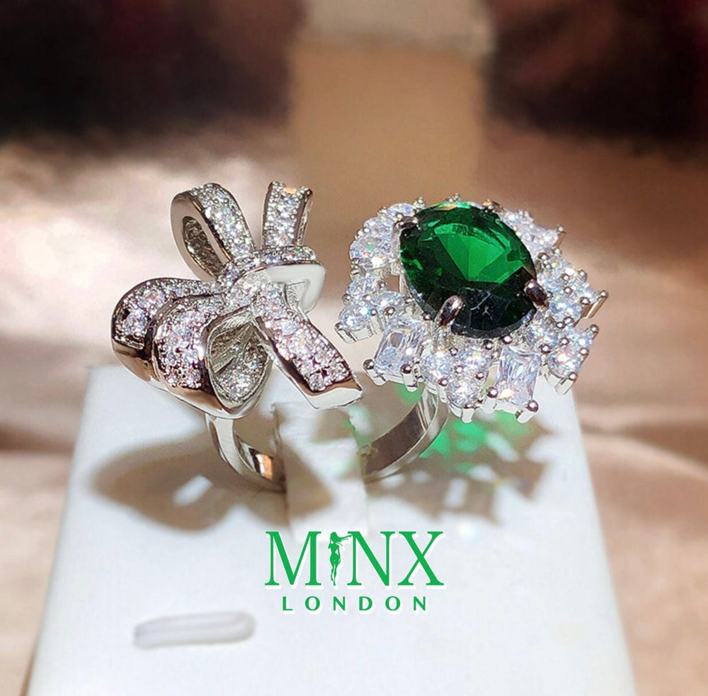 Green Diamond Ring | Womens Ribbon Ring |  Big Green Diamond Ring | Green Gemstone Ring | Womens Diamond Bow Ring | Diamond Ribbon Ring