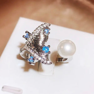 Diamond Pearl Ring | Pearl Ring | Womens Diamond Ring | Womens Pearl Ring | Blue Diamond Ring | Fish Tail Ring | Whale Ring | Fish Jewellery