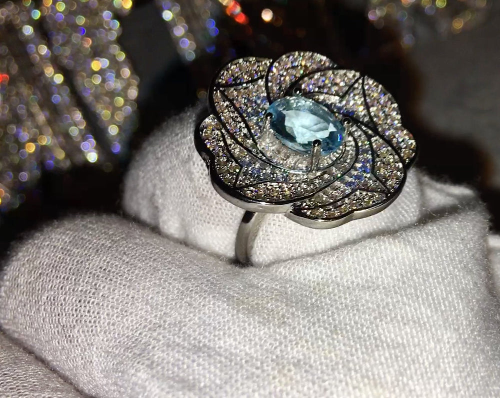 Big Ring | Big Diamond Ring | Womens Statement Ring |  Aquamarine Diamond Ring | Blue Diamond Ring | Blue Tourmaline Ring | Blue Gemstone