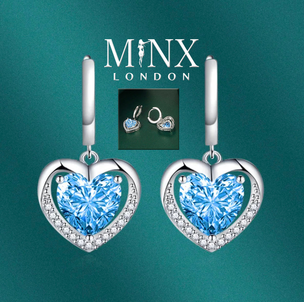 Diamond Earrings | Heart Earrings | Blue Diamond Heart Earrings | Womens Earrings | Heart earrings with Blue Diamonds | Hoop Earrings