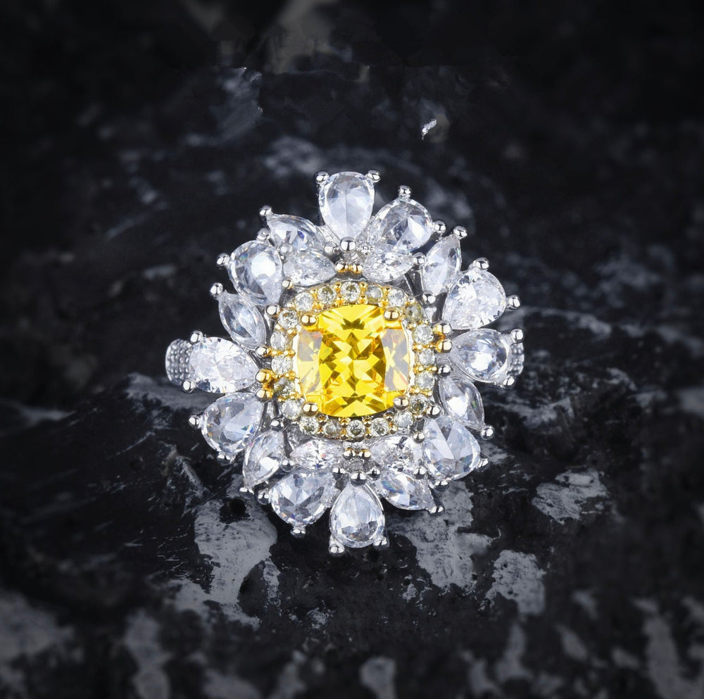 Yellow Diamond Ring | Flower Diamond Ring | Yellow Diamond Ring | Baguette Ring | Womens Statement Ring | Big Yellow Diamond Ring