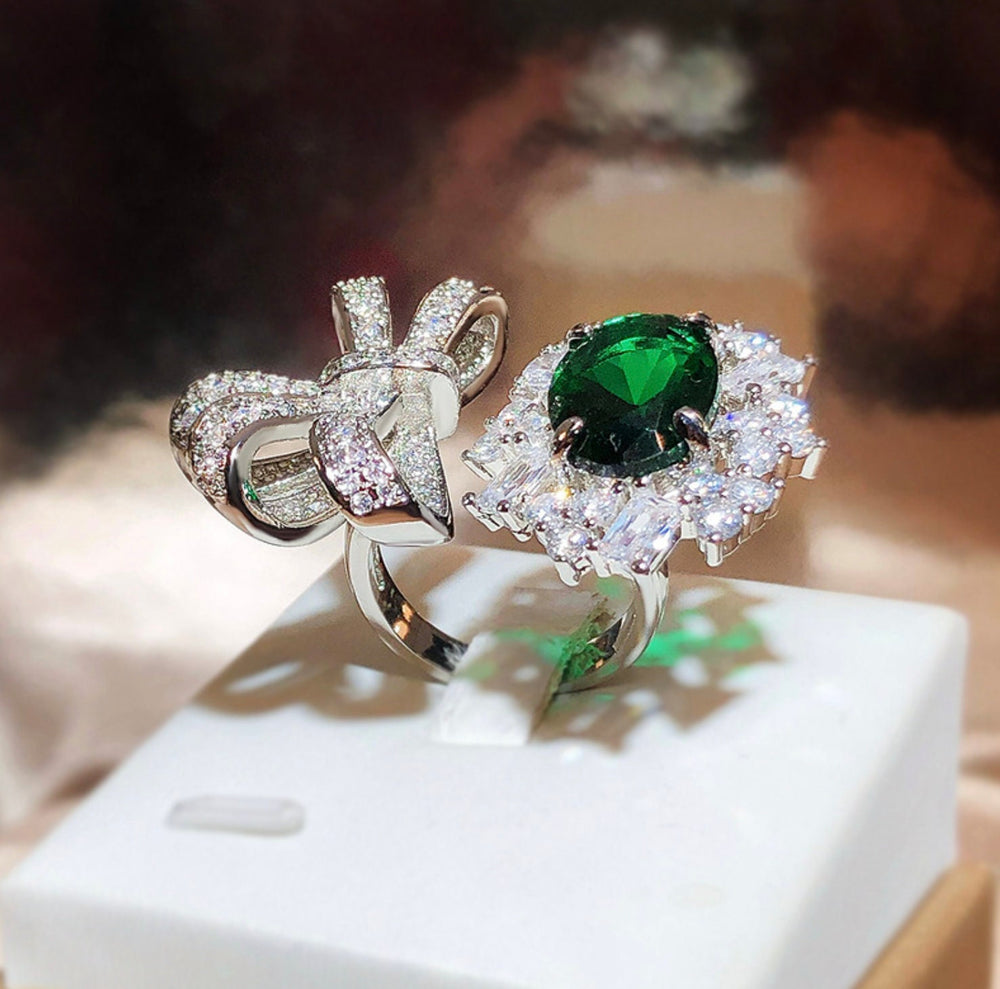 
            
                Load image into Gallery viewer, Green Diamond Ring | Womens Ribbon Ring |  Big Green Diamond Ring | Green Gemstone Ring | Womens Diamond Bow Ring | Diamond Ribbon Ring
            
        