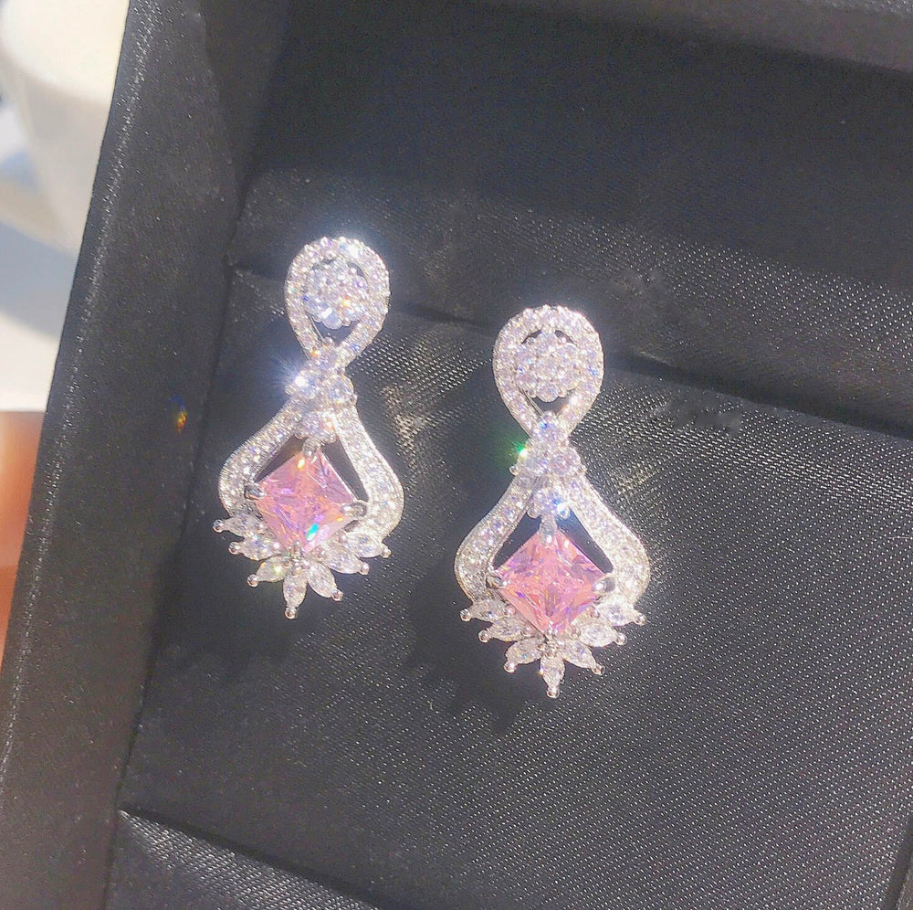 Drop Earrings | Princess Cut Diamond Earrings | Pink Diamond Earrings | Classy Diamond Earrings | Womens Earrings | Dangle Earrings