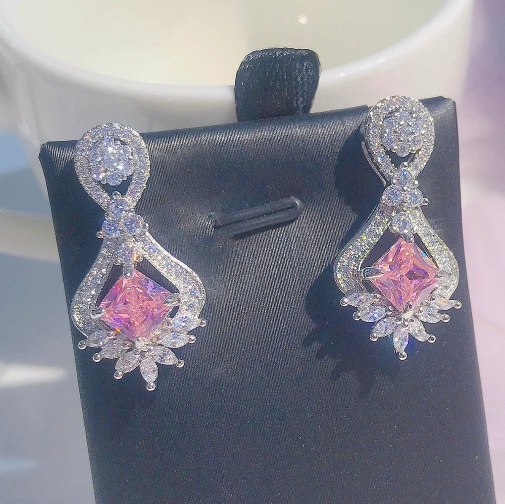 Drop Earrings | Princess Cut Diamond Earrings | Pink Diamond Earrings | Classy Diamond Earrings | Womens Earrings | Dangle Earrings