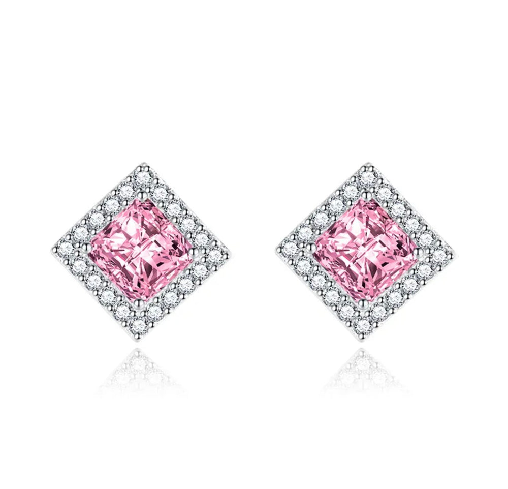 Womens Ear Studs | Square Shape Earrings | Pink Diamond Ear Studs | Pink Diamond Earrings | Pink Earrings | Womens Stud Earring